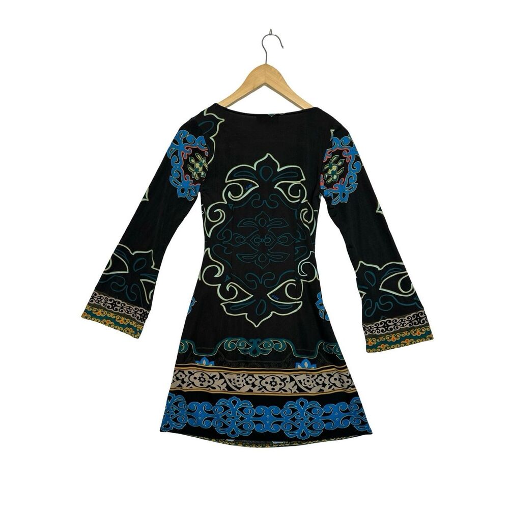 HALE BOB 100% Silk Deep V Neck Patterned Mini Dress Long Bell Sleeves Size XS - Picture 8 of 17
